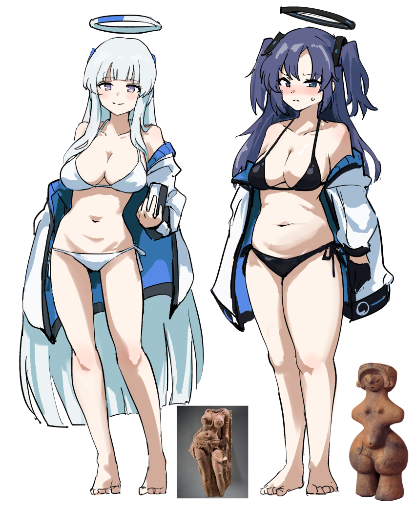 2girls absurdres bare_shoulders bikini black_bikini black_gloves blue_archive blush book breasts cleavage closed_mouth collarbone full_body gloves grey_hair halo highres holding holding_book jacket large_breasts long_hair long_sleeves looking_at_viewer mechanical_halo meme multiple_girls navel noa_(blue_archive) photo-referenced photo_inset plump purple_eyes purple_hair reference_inset sculpture side-tie_bikini_bottom simple_background smile swimsuit tenten_(chan4545) thick_thighs thighs two_side_up very_long_hair white_background white_bikini white_jacket yakshi_statue_(meme) yuuka_(blue_archive)
