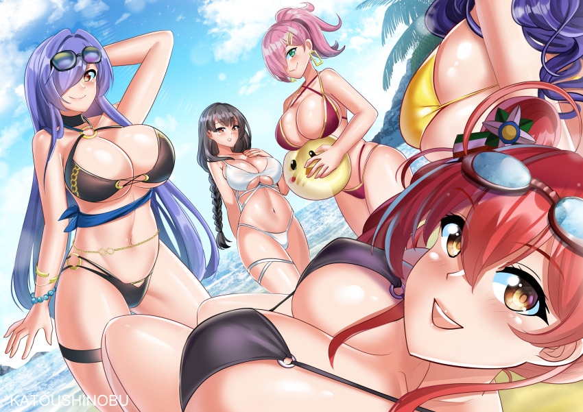 5girls alternate_costume artist_name azur_lane ball beach beachball belly_chain bikini black_bikini black_choker black_hair bolzano_(azur_lane) braid breasts choker covered_erect_nipples criss-cross_halter dutch_angle eyewear_on_head goggles goggles_on_head gold_trim green_eyes hair_over_one_eye halterneck highres holding holding_ball holding_beachball huge_breasts italian_flag jewelry katou_shinobu large_breasts long_hair looking_at_viewer lying multi-strapped_bikini_bottom multiple_girls o-ring o-ring_bikini official_alternate_costume on_back open_mouth orange_eyes out_of_frame pola_(azur_lane) pola_(seaside_coincidence)_(azur_lane) ponytail purple_hair red_bikini red_eyes red_hair shiny_skin side_ponytail single_braid skindentation standing summer swimsuit thigh_strap trento_(azur_lane) trento_(summer&#039;s_hotness?)_(azur_lane) trieste_(azur_lane) very_long_hair water white_bikini yellow_bikini yellow_eyes zara_(azur_lane) zara_(poolside_coincidence)_(azur_lane)