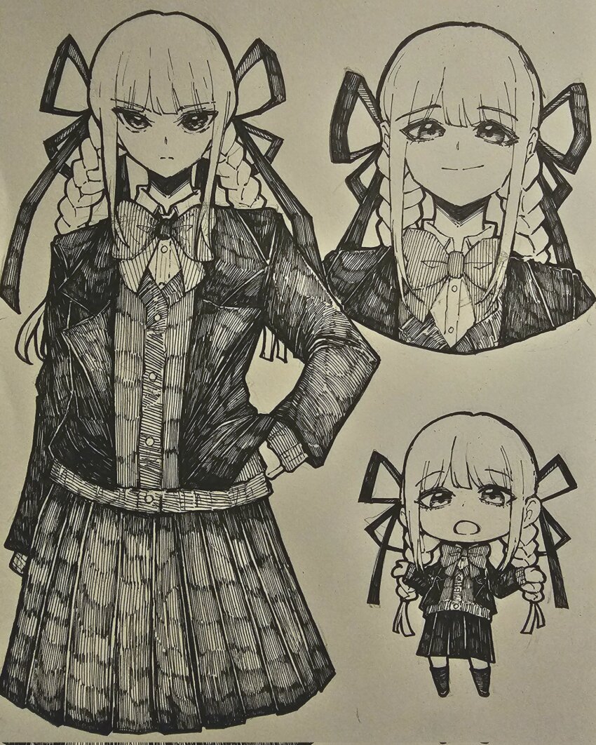 1girl chibi danganronpa:_trigger_happy_havoc danganronpa_(series) epeulu_(ate5424) highres kirigiri_kyoko monochrome multiple_views school_uniform smile traditional_media twintails