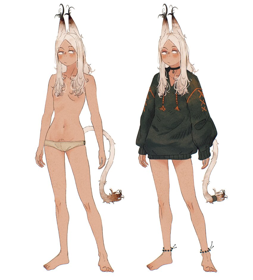 1girl absurdres animal_ears anklet barefoot bead_anklet beads black_choker black_sweater blush body_freckles breasts cat_ears cat_girl cat_tail choker closed_mouth female_pubic_hair freckles full_body grey_eyes hair_over_breasts highres izaria_(spindle_(aidenr0)) jewelry jitome legs_apart long_hair looking_to_the_side mole mole_under_eye multiple_views navel original pubic_hair pubic_hair_peek simple_background sleeves_past_wrists small_breasts spindle_(aidenr0) standing sweater tail topless_female white_background white_hair white_tail