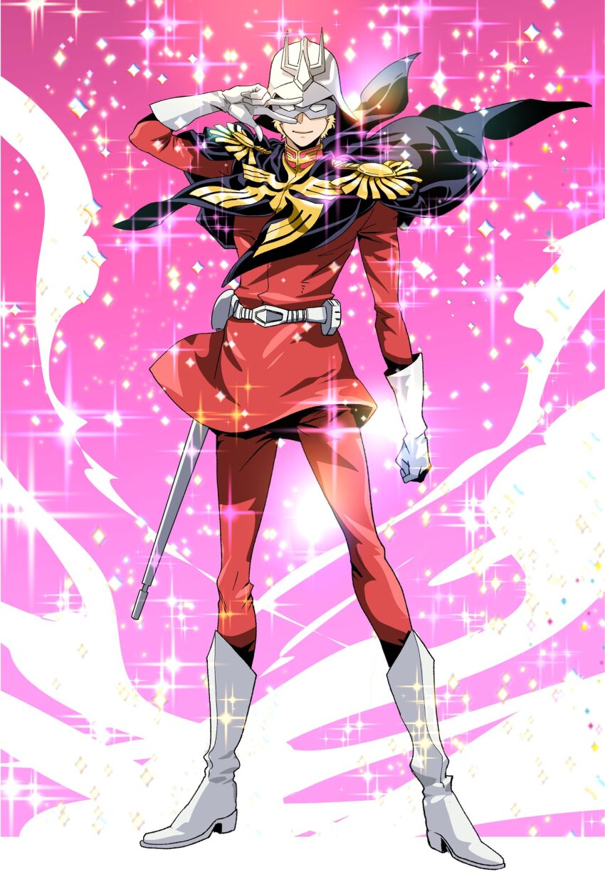 1boy belt blonde_hair capelet char_aznable epaulettes gloves gundam gundam_gquuuuuux helmet highres jacket looking_at_viewer male_focus mask military military_uniform nyan_co3 red_jacket sail short_hair smile zeon