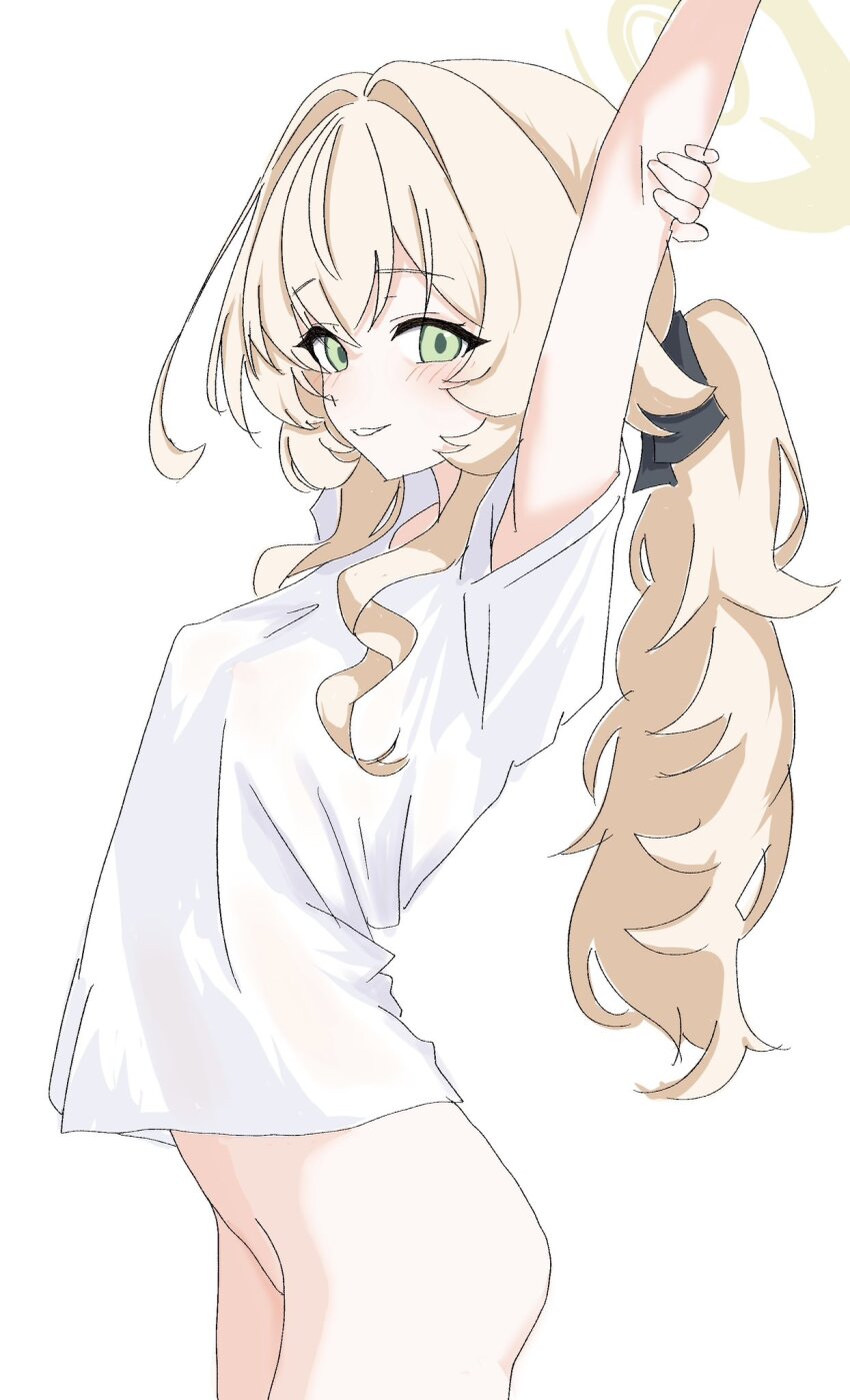 1girl arm_above_head armpits arms_up ass black_ribbon blonde_hair blue_archive blush bottomless bow breasts covered_erect_nipples cowboy_shot facing_to_the_side from_side green_eyes grin hair_between_eyes hair_bow hair_ribbon halo highres holding_own_arm kamitosayu loli long_hair long_sidelocks looking_at_viewer no_panties ponytail professor_niyaniya_(blue_archive) ribbon see-through_clothes see-through_shirt shirt short_sleeves side_ahoge sidelocks simple_background small_breasts smile solo standing stretching t-shirt thighs very_long_hair white_background white_shirt yellow_halo