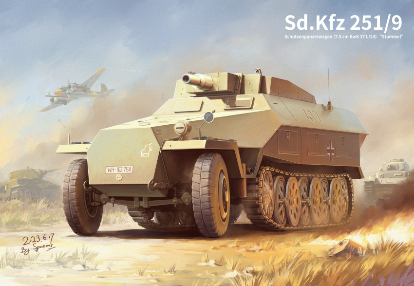 absurdres aircraft airplane blue_sky day dust fire half-track highres hs_129 military military_vehicle motor_vehicle no_humans original outdoors panzer_iv sdkfz_251 sky spacebar_hobby t-34 tank vehicle_focus wehrmacht