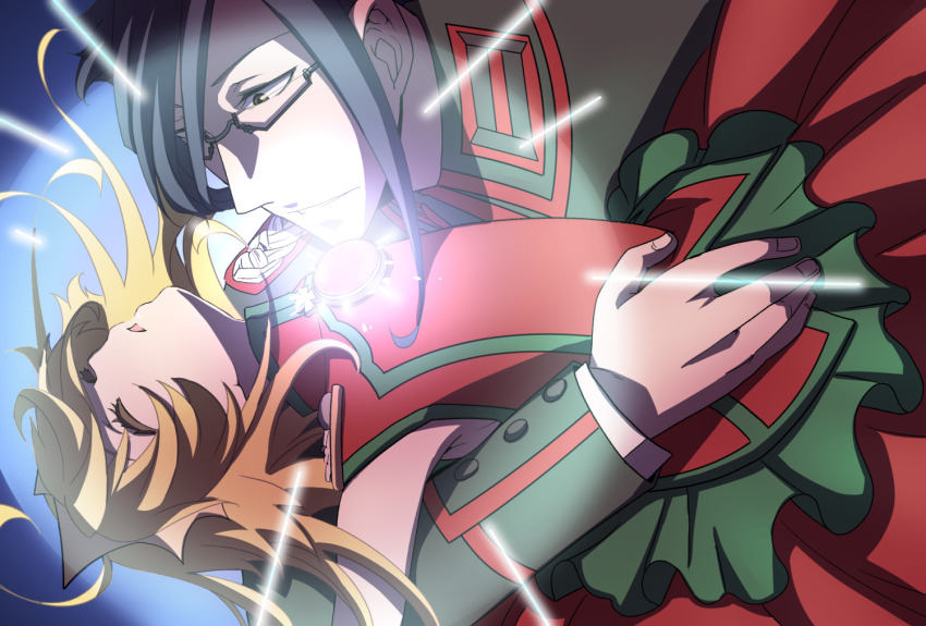 1boy 1girl bare_shoulders black_eyes black_hair blonde_hair closed_eyes closed_mouth cosplay dress erich_von_rerugen glasses glowing green_jacket hal_(goshujinomocha) himemiya_anthy himemiya_anthy_(cosplay) jacket long_sleeves military military_uniform open_mouth red_dress sekai_wo_kakumei_suru_chikara_wo semi-rimless_eyewear short_hair shoujo_kakumei_utena sleeveless sleeveless_dress tanya_degurechaff youjo_senki