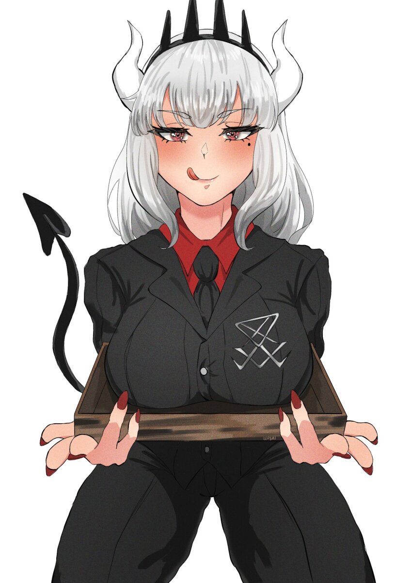 1girl :q black_necktie black_suit black_tail blush breasts business_suit closed_mouth crown curled_horns demon demon_girl demon_horns demon_tail fingernails formal_clothes hairband helltaker highres holding horns jacket lapel_pin large_breasts licking_lips long_fingernails long_hair looking_at_viewer lucifer_(helltaker) mole mole_under_eye necktie pants red_eyes red_nails red_shirt seiza shirt sidelocks simple_background sitting smile solo spiked_hairband spikes suit suit_jacket tail tongue tongue_out tray washi_(bbywashi) white_background white_hair white_horns wooden_tray