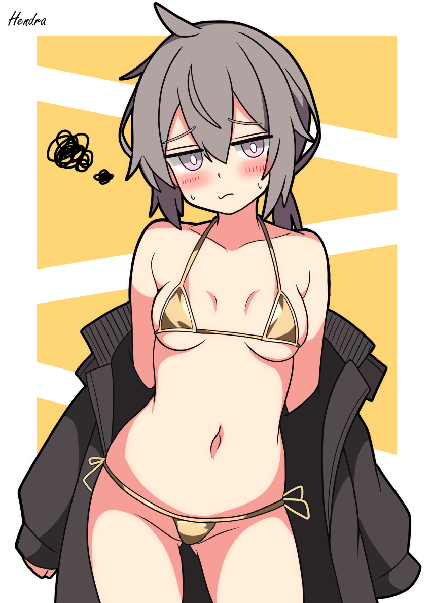 1girl absurdres artist_name bikini black_jacket blush breasts bright_pupils closed_mouth cowboy_shot girls&#039;_frontline gold_bikini grey_hair hendra highres jacket looking_at_viewer m200_(girls&#039;_frontline) medium_hair micro_bikini navel ponytail purple_eyes side-tie_bikini_bottom signature small_breasts solo squiggle string_bikini swimsuit white_pupils yellow_background