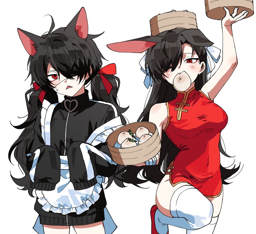 absurdres ahoge animal_ears apron arm_up black_track_suit blush bow cat_ears china_dress chinese_clothes commentary_request dress eyepatch fkqlckstm11 food genderswap genderswap_(mtf) hair_bow hair_over_one_eye hand_up heart highres holding_bamboo_steamer jersey_maid kemonomimi_mode korean_commentary leg_up long_hair longevity_peach_bun low_twintails maid maid_apron no_pants one_eye_closed ooe_(game) oosaki_(ooe) rabbit_ears red_bow red_eyes shinbashi_(ooe) short_dress sleeves_past_fingers sleeves_past_wrists steamed_bun sweatdrop thighhighs tight_clothes tight_dress track_suit twintails unconventional_maid wavy_hair white_bow zipper