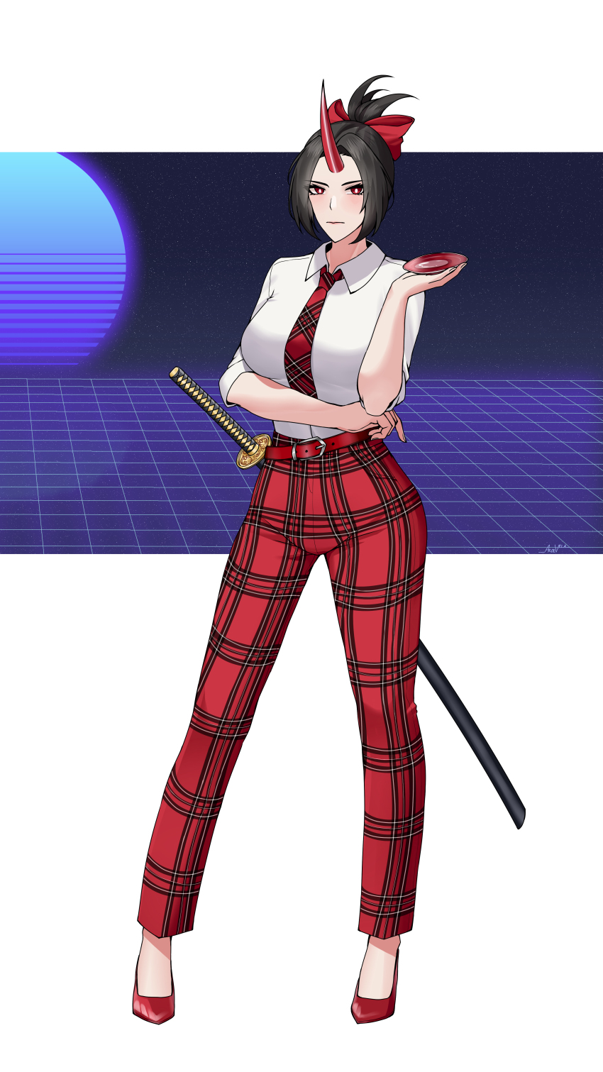 1girl absurdres alcohol arm_under_breasts aroevela black_hair breasts bright_pupils closed_mouth collared_shirt cup expressionless full_body grid hair_ribbon high_heels highres holding holding_cup horns katana konngara_(touhou) large_breasts long_sleeves looking_at_viewer necktie oni pants plaid_clothes plaid_necktie plaid_pants red_eyes red_footwear red_horns red_necktie red_pants red_ribbon ribbon sakazuki sake sheath sheathed shirt single_horn sleeves_rolled_up solo standing star_(sky) sukusuku_hakutaku sunset sword synthwave touhou touhou_(pc-98) weapon white_pupils white_shirt