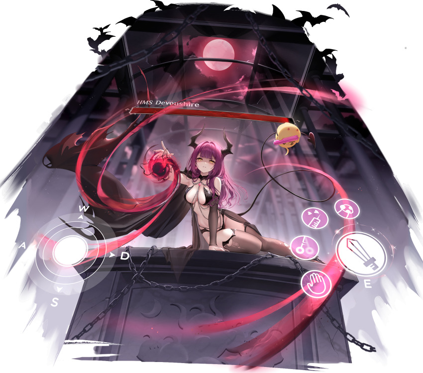 1girl arm_support azur_lane baby_animal bat_(animal) bird black_cape black_nails blunt_bangs blurry blurry_background breasts cape chain character_name chick demon_horns demon_tail devonshire_(azur_lane) devonshire_(sadistic_demon)_(azur_lane) english_text full_moon gameplay_mechanics gem gloom_(expression) glowing glowing_eyes hair_intakes hand_up health_bar heart highres holding holding_with_tail horns large_breasts long_hair looking_at_viewer manjuu_(azur_lane) moon mushroom nail_polish night night_sky non-web_source nys official_alternate_costume official_art outstretched_arm parted_lips pendulum prehensile_tail purple_hair red_gemstone red_moon revealing_clothes sexually_suggestive shaded_face sky slit_pupils sword syringe tail teeth thighhighs thighs torn_clothes torn_thighhighs torpedo weapon yellow_eyes