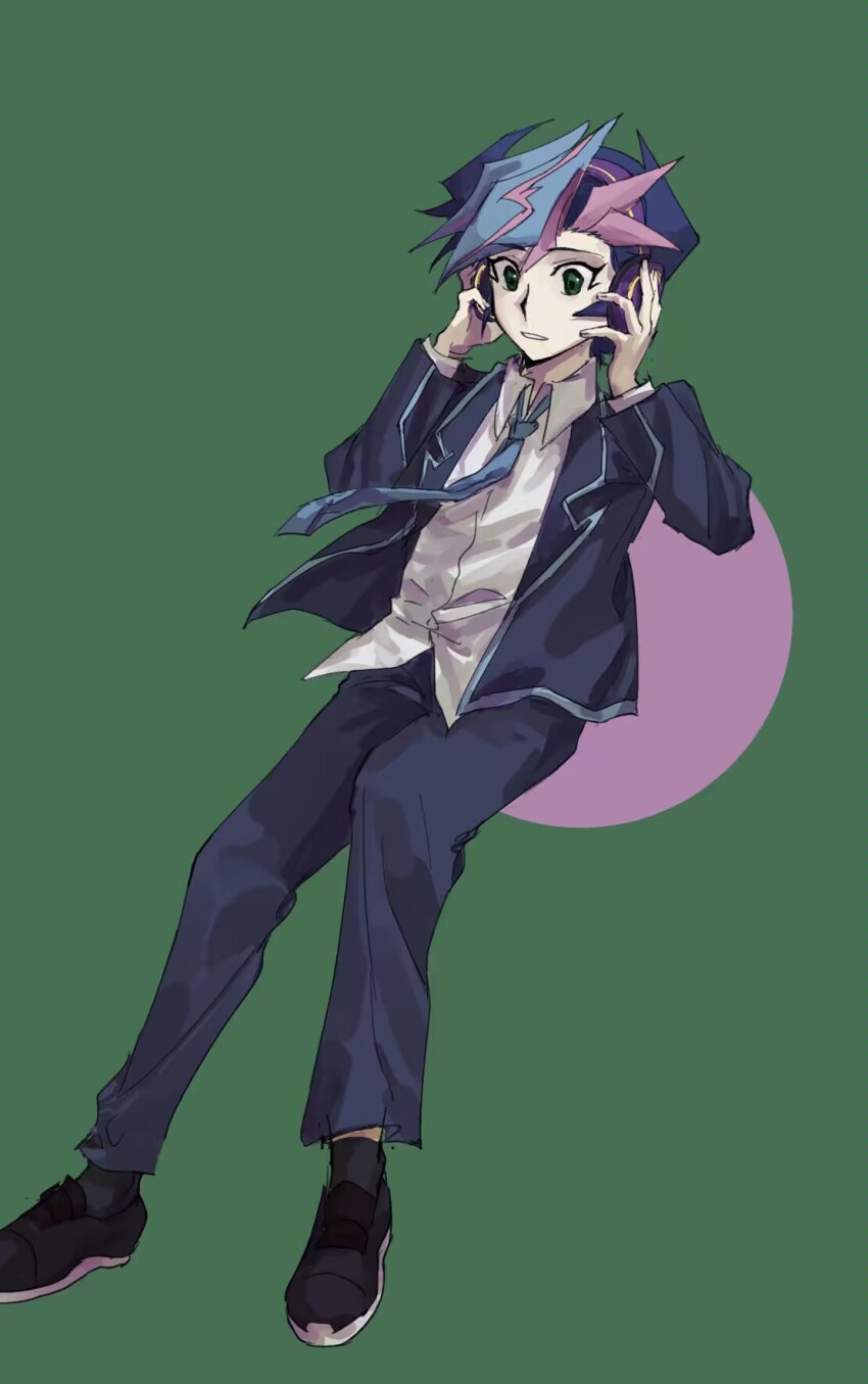 1boy black_hair black_jacket black_pants black_shoes black_socks blazer blue_necktie colored_bangs dress_shirt facing_to_the_side fujiki_yusaku green_background green_eyes hands_on_headphones hands_on_own_face hands_on_own_head hands_up headphones highres invisible_chair jacket listening_to_music loose_necktie male_focus necktie novale110 open_clothes open_jacket pants school_uniform shirt shoes sitting socks spiked_hair untucked_shirt white_shirt wind yu-gi-oh! yu-gi-oh!_vrains