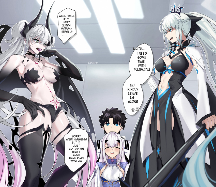 1boy 3girls bare_shoulders black_hair blue_eyes breasts cleavage demon_girl demon_horns dress english_text fate/grand_order fate_(series) fujimaru_ritsuka_(male) green_eyes grey_hair highres horns large_breasts lilith_(fate) long_hair long_sleeves melusine_(fate) morgan_le_fay_(fate) morgan_le_fay_(third_ascension)_(fate) multiple_girls navel short_hair speech_bubble therrao white_hair
