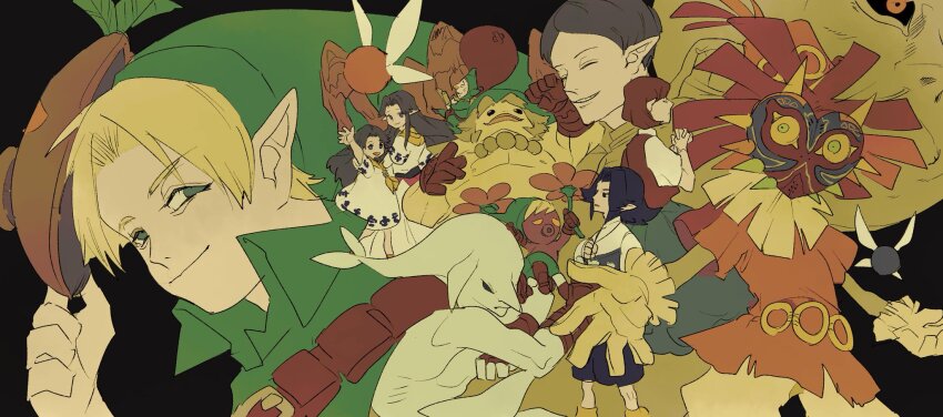 4girls 6+boys anju_(zelda) arm_up bead_necklace beads belt belt_buckle black_background black_hair blonde_hair blue_eyes blue_skin bowing brown_belt brown_mask buckle chest_belt closed_eyes closed_mouth collared_shirt colored_skin commentary_request cremia deku_link deku_mask deku_scrub dress fairy fairy_wings flat_color four_giants gloves goron goron_link green_shirt happy_mask_salesman hat higashino high_collar highres holding holding_mask interlocked_fingers jewelry kafei link long_hair long_skirt majora_(entity) mask moon moon_(zelda) multiple_boys multiple_girls neckerchief necklace nintendo open_mouth orange_shorts own_hands_clasped own_hands_together pants pointy_ears red_hair red_vest romani_(zelda) shirt short_hair short_sleeves shorts simple_background skirt skull_kid smile tael tatl the_legend_of_zelda the_legend_of_zelda:_majora&#039;s_mask tingle torn_clothes torn_gloves upper_body vest waving white_dress white_gloves white_pants white_shirt white_sleeves wings yellow_neckerchief zora