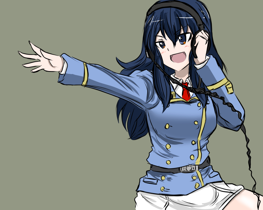 1girl absurdres blue_eyes blue_hair blue_jay breasts collared_shirt eclair_(girls_und_panzer) girls_und_panzer girls_und_panzer_gekitou!_maginot-sen_desu!! grey_background hand_up headphones highres large_breasts long_hair long_sleeves maginot_military_uniform moesenyukikaze necktie pencil_skirt reaching red_necktie shirt skirt white_shirt white_skirt
