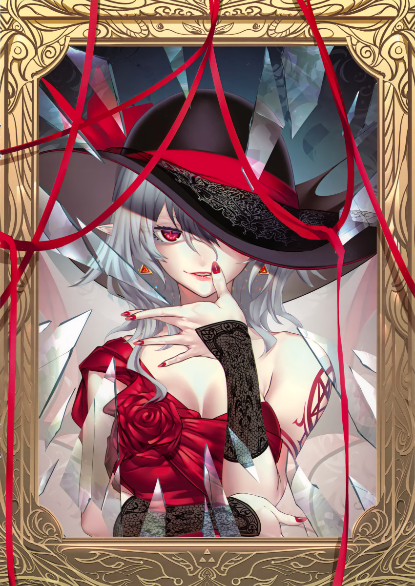 1girl absurdres alternate_costume bat_wings black_hat blue_hair breasts broken_glass cleavage dress earrings fingerless_gloves fingernails glass gloves hat hat_over_one_eye hat_ribbon highres jewelry lace_sleeves looking_at_viewer medium_breasts medium_hair mirror parted_lips pentagram pointy_ears red_dress red_eyes red_nails red_ribbon remilia_scarlet ribbon scan shattered shoulder_tattoo shukusuri single-shoulder_dress single_bare_shoulder single_strap solo tattoo third-party_source touhou triangle_earrings upper_body wings