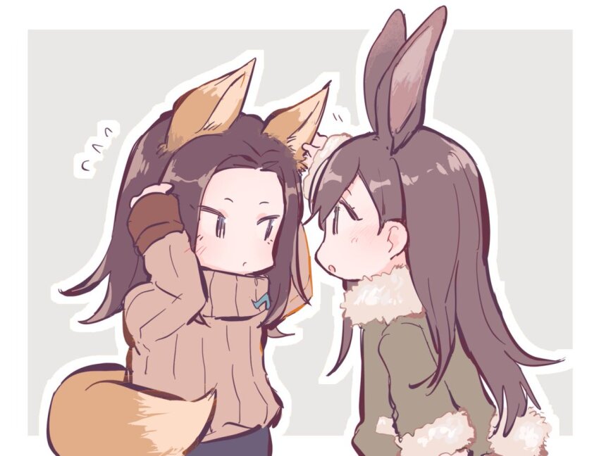 2girls animal_ears bad_id bad_twitter_id bang_dream! blush brown_hair brown_sweater chibi closed_mouth coat flying_sweatdrops fox_ears fox_tail fur-trimmed_coat fur_trim green_coat grey_background hanazono_tae hand_on_another&#039;s_ear hands_up image_sample kemonomimi_mode long_hair long_sleeves looking_at_another multiple_girls open_mouth profile rabbit_ears rabbit_tail shiontaso sweater tail twitter_sample wakana_rei