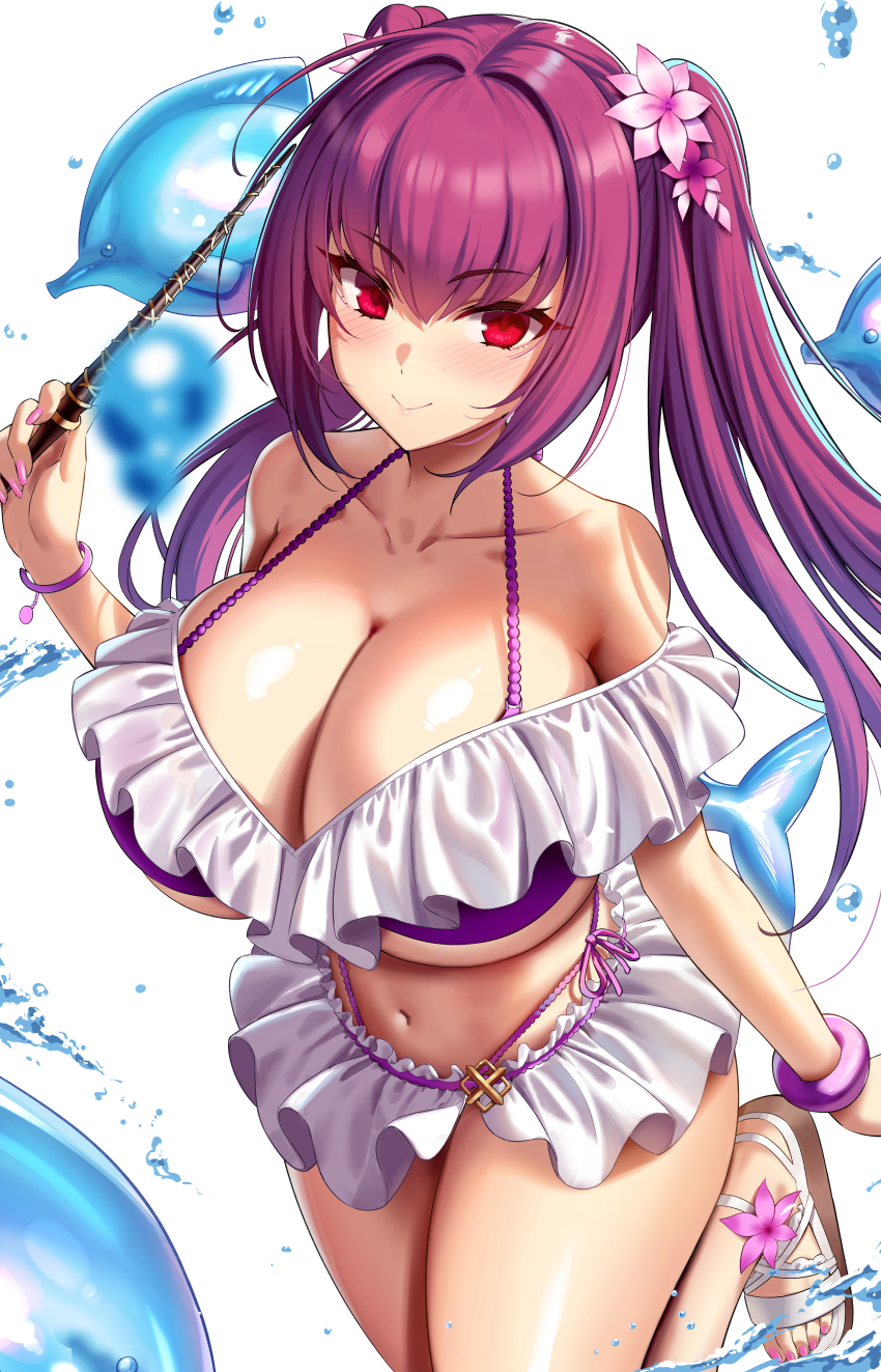 1girl absurdres bare_shoulders bikini bracelet breasts cleavage collarbone fate/grand_order fate_(series) flower hair_between_eyes hair_flower hair_ornament highres jewelry kook large_breasts long_hair looking_at_viewer microskirt navel purple_bikini purple_hair red_eyes scathach_(fate) scathach_skadi_(fate) scathach_skadi_(swimsuit_ruler)_(fate) scathach_skadi_(swimsuit_ruler)_(first_ascension)_(fate) see-through_clothes skirt smile solo swimsuit thighs twintails wand