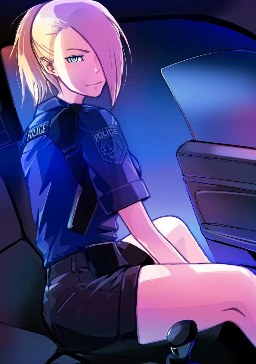 1girl 959_(8go8) black_shorts blonde_hair blue_eyes blue_shirt collared_shirt hair_behind_ear hair_over_one_eye highres looking_at_viewer need_for_speed need_for_speed:_hot_pursuit_(2010) open_door original police police_uniform policewoman shirt shirt_tucked_in short_shorts short_sleeves shorts smile solo vehicle_interior
