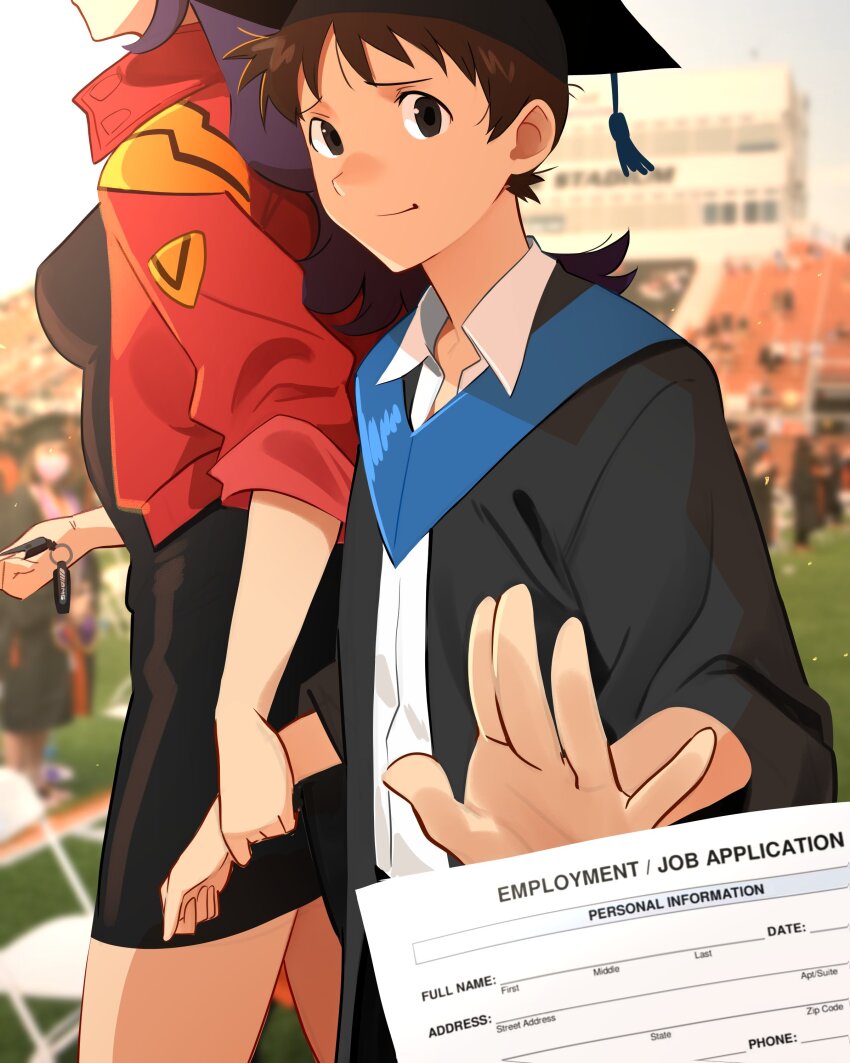 1boy 1girl absurdres black_dress black_hat breasts brown_hair car_keys closed_mouth collared_shirt crowd day dress dress_shirt english_text graduation hat highres holding holding_another&#039;s_wrist holding_key ikari_shinji jacket job_application_form_(meme) katsuragi_misato key khyle. long_hair looking_at_viewer medium_breasts meme mortarboard neon_genesis_evangelion outdoors photo_background purple_hair red_jacket shirt short_hair solo_focus thighs white_shirt