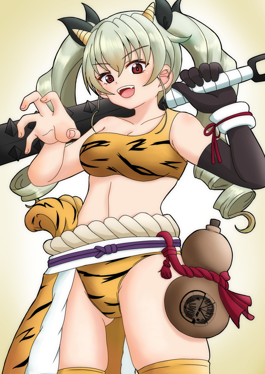 1girl absurdres amanone_yun anchovy_(girls_und_panzer) animal_print anzio_(emblem) bikini black_gloves black_ribbon breasts claw_pose club club_(weapon) cone_horns cowboy_shot drill_hair elbow_gloves emblem fake_horns fang girls_und_panzer gloves gourd green_hair hair_ribbon half-skirt highres holding holding_club holding_weapon horns long_hair looking_at_viewer medium_breasts open_mouth over_shoulder print_bikini red_eyes ribbon rope setsubun single_glove single_strap smile solo spiked_club standing swimsuit thighhighs tiger_print twin_drills twintails weapon yellow_bikini yellow_thighhighs