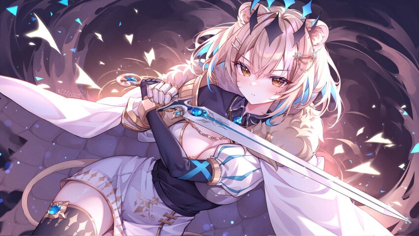 1girl alllisso animal_ear_fluff animal_ears artist_name black_thighhighs blonde_hair blue_hair breasts brown_eyes cape cleavage closed_mouth colored_inner_hair commission dress fur-trimmed_cape fur_trim gauntlets gold_trim hair_ornament halo hazumi_aileen heart highres holding holding_sword holding_weapon indie_virtual_youtuber lion_ears lion_girl lion_tail multicolored_hair puffy_short_sleeves puffy_sleeves short_sleeves single_gauntlet solo sword tail thighhighs virtual_youtuber weapon white_cape white_dress