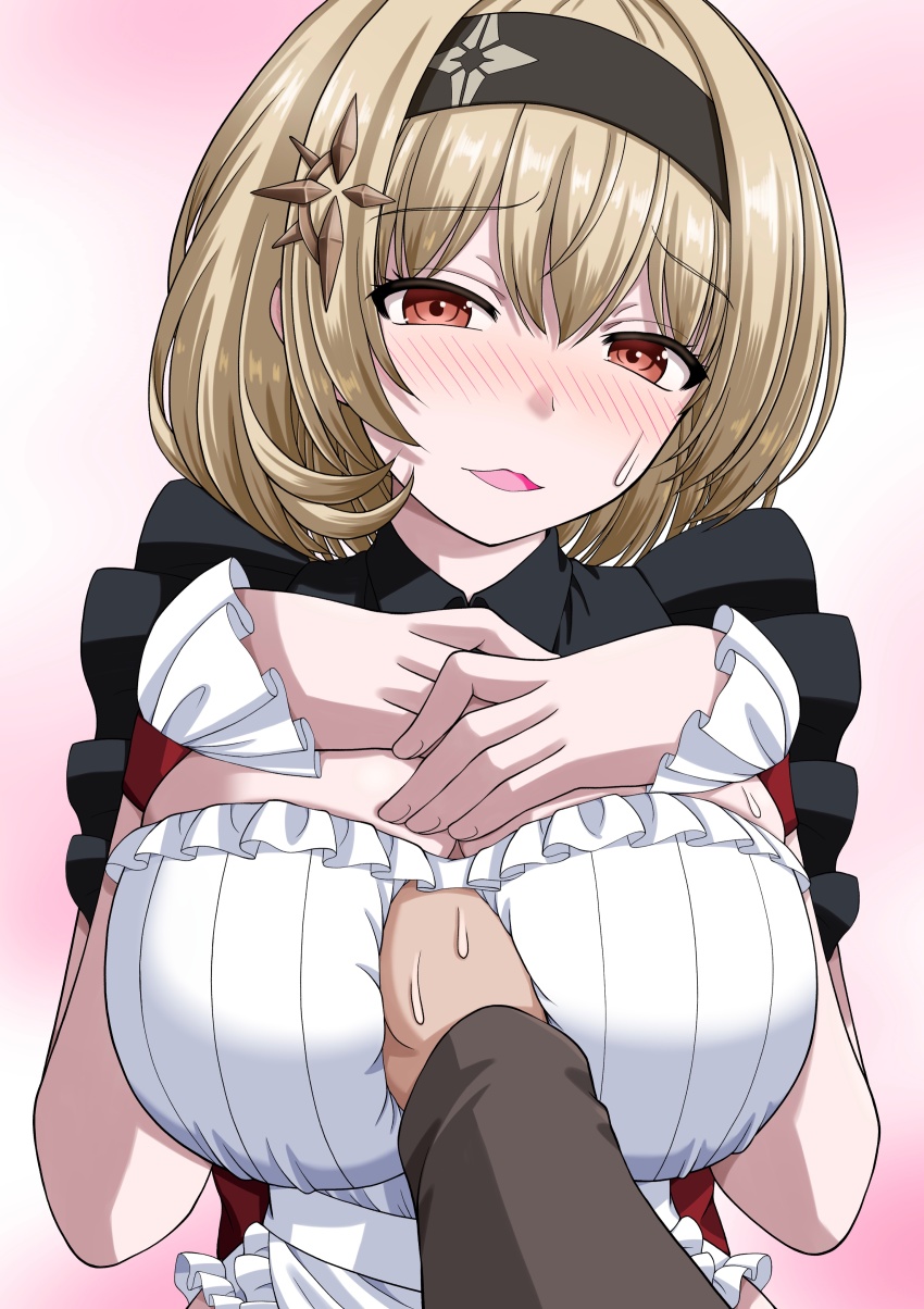 1boy 1girl absurdres alternate_costume apron arm_between_breasts between_breasts black_dress black_hairband blonde_hair blush breasts cleavage commander_(nikke) commentary_request dress enmaided goddess_of_victory:_nikke grey_jacket hair_between_eyes hairband hands_on_own_chest highres jacket large_breasts long_sleeves looking_at_viewer maid maid_apron medium_hair nose_blush open_mouth pov pov_hands red_eyes red_shoes_(nikke) sakurazaka_mirai sidelocks sleeveless sleeveless_dress standing sweat upper_body white_apron wrist_cuffs