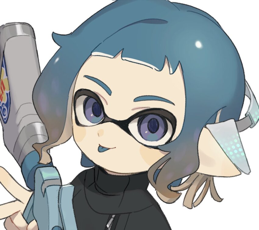 1girl :p black_jacket blue_hair blue_tongue brown_hair closed_mouth colored_tongue gomi_(kaiwaresan44) gradient_hair headgear holding holding_weapon inkling inkling_girl inkling_player_character jacket looking_at_viewer multicolored_hair nintendo pointy_ears portrait purple_eyes short_hair simple_background solo splatoon_(series) splatoon_3 squiffer_(splatoon) tentacle_hair tongue tongue_out two-tone_hair v weapon white_background