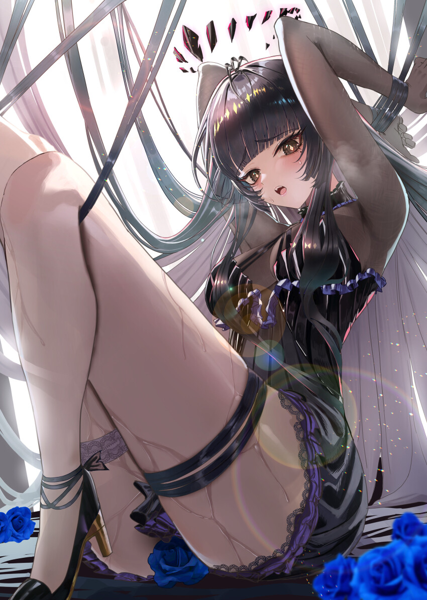 1girl absurdres angel_wings arknights black_eyes black_hair black_halo black_wings halo highres long_hair looking_at_viewer rossy_(yowayowachimpo) thighs virtuosa_(arknights) wings