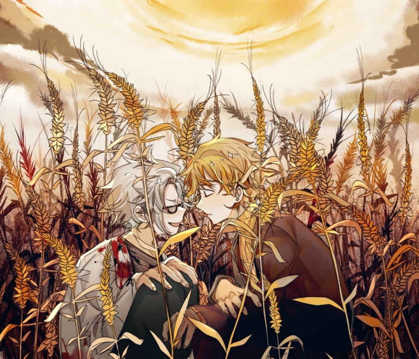 2boys atou_haruki black_jacket blonde_hair chinese_commentary closed_eyes closed_mouth commentary_request day glasses green_pants grey_hair hands_on_own_knees jacket kanou_aogu lemijiang male_focus multiple_boys open_clothes open_jacket open_mouth outdoors pants ribbed_sweater round_eyewear saibou_shinkyoku semi-rimless_eyewear short_hair sitting smile sweater turtleneck turtleneck_sweater wheat wheat_field white_jacket yellow_sweater