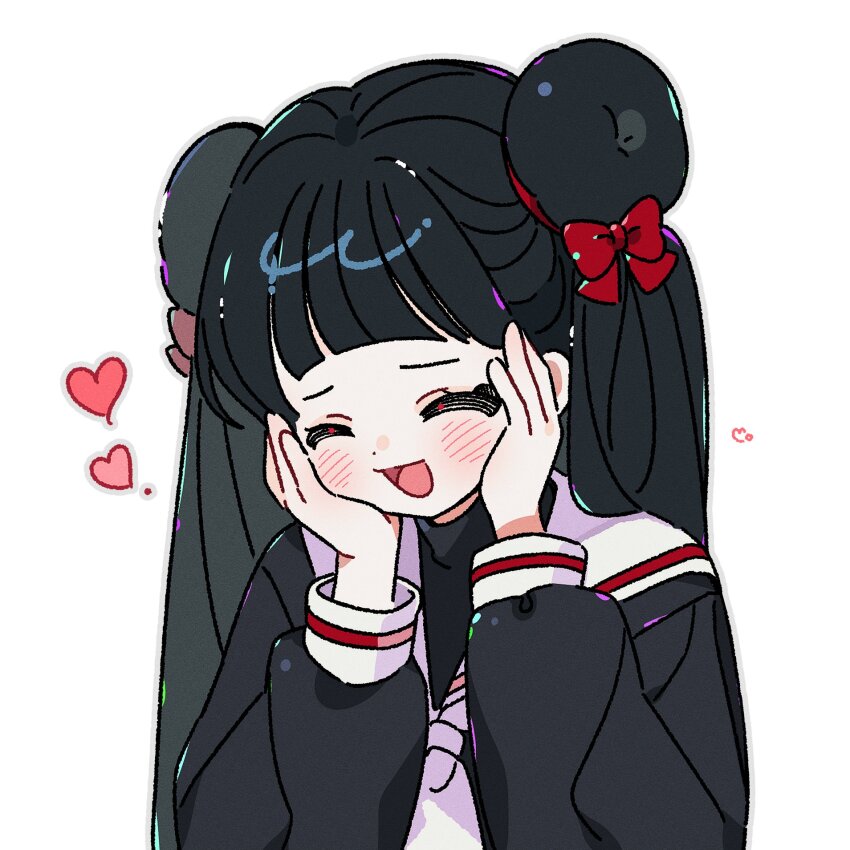 1girl :d ^_^ black_hair black_shirt blunt_bangs blush bow cardcaptor_sakura closed_eyes commentary double_bun hair_bow hair_bun hands_on_own_cheeks hands_on_own_face heart highres li_meiling long_hair long_sleeves neckerchief open_mouth red_bow sailor_collar school_uniform serafuku shirt simple_background smile solo symbol-only_commentary twintails upper_body white_background white_neckerchief white_sailor_collar yalmyu