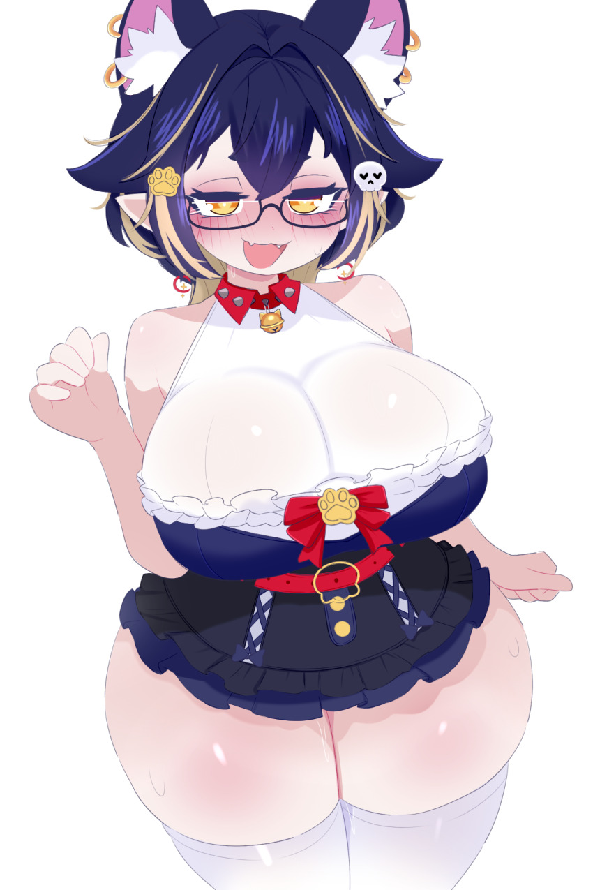 1girl :3 animal_ears bell belt black_hair black_skirt blonde_hair blue_corset blue_hair blush bow breasts cat_ears cat_girl collar corset earrings fangs hair_ornament highres huge_breasts indie_virtual_youtuber jewelry jingle_bell kukuchi581 looking_at_viewer multicolored_hair nakoiya neck_bell open_mouth paw_hair_ornament paw_pose paw_print pointy_ears red_belt red_bow shirt short_hair skirt skull_hair_ornament sleeveless sleeveless_shirt smile spiked_collar spikes standing streaked_hair sweat thick_thighs thighhighs thighs virtual_youtuber white_background white_shirt white_thighhighs wide_hips yellow_eyes