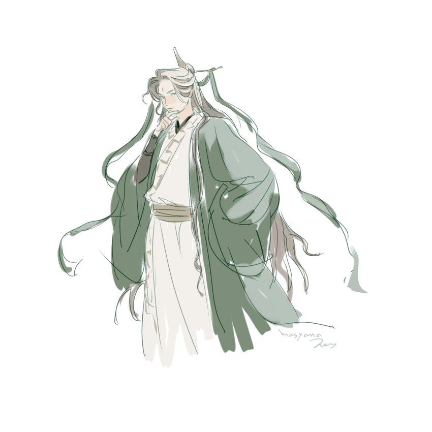 1boy chinese_clothes commentary cropped_torso daxiushan facial_mark forehead_mark green_eyes green_hanfu green_ribbon green_robe hand_on_own_chin hanfu highres layered_sleeves long_hair long_sleeves looking_at_viewer male_focus masyanajoy parted_bangs renzha_fanpai_zijiu_xitong ribbon ribboned_xiao_guan robe shen_qingqiu simple_background sketch solo standing symbol-only_commentary two-tone_robe upper_body very_long_hair white_background white_hair wide_sleeves xiao_guan_(headdress)