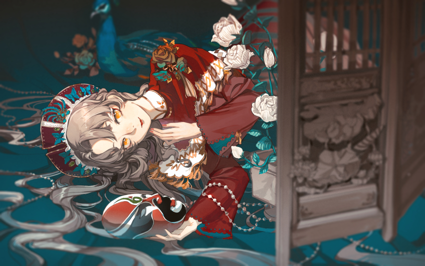 1girl absurdres bird blurry blurry_background brown_eyes dress flower flower_box highres light_brown_hair lipstick long_hair looking_at_viewer lying makeup on_side original peacock red_dress senryoko very_long_hair white_flower