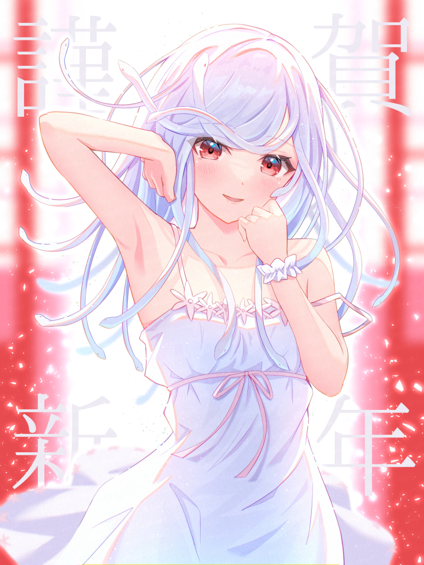 1girl albino arm_up armpits bakemonogatari bare_shoulders blurry blurry_background blush chinese_zodiac collarbone commentary_request cowboy_shot depth_of_field dress highres long_hair looking_at_viewer monogatari_(series) new_year parted_lips pink_ribbon red_eyes ribbon sengoku_nadeko sleeveless sleeveless_dress smile snake_hair solo sundress swept_bangs toki_(toki_ship8) white_dress white_hair wristband year_of_the_snake