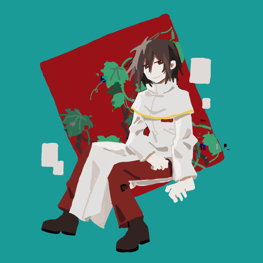 1boy aaayamitsu brown_hair brown_shoes capelet chinese_commentary closed_mouth commentary_request gold_trim hair_between_eyes highres isoi_haruki long_sleeves male_focus pants red_eyes red_pants saibou_shinkyoku shoes short_hair sitting smile solo white_capelet