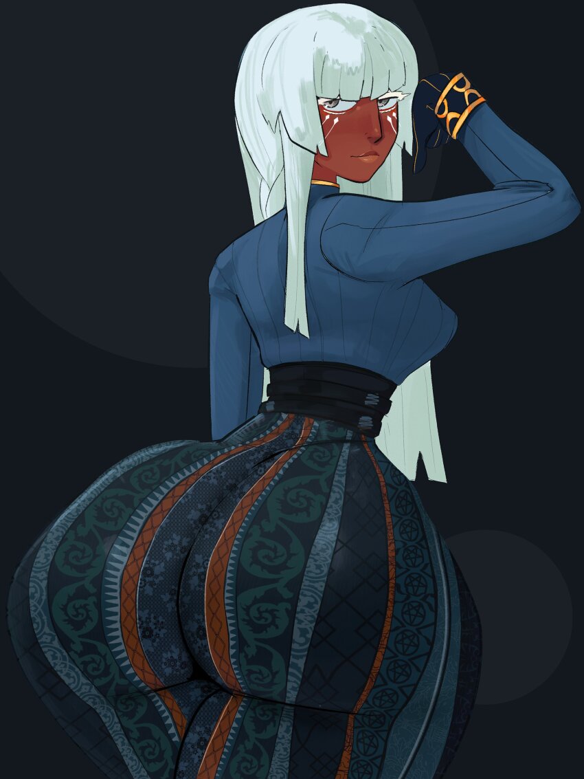 1girl absurdres alternate_costume ass ass_focus blue_jacket brigitta_(metaphor:_refantazio) curvy dand_u dark-skinned_female dark_skin forbidden_pants highres huge_ass jacket long_hair looking_back meme_attire metaphor:_refantazio pants print_pants solo white_eyes white_hair