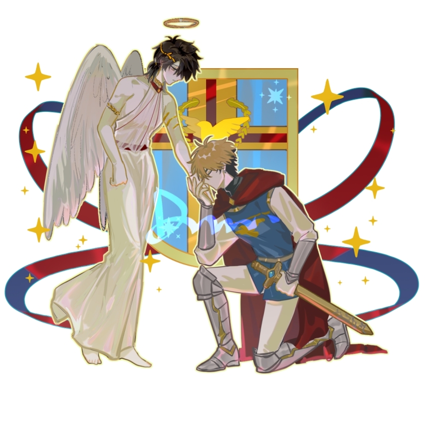 2boys alternate_costume angel angel_wings antenna_hair arm_armor armlet armor bare_shoulders black_hair blonde_hair blue_ribbon blue_tunic blush brown_eyes brown_hair cape chain cheng_xiaoshi cheng_xiaoshi_(angel) chinese_commentary closed_eyes dress emblem feathered_wings full_body halo holding holding_hands holding_sword holding_weapon jewelry kiss kissing_hand knight laurel_crown leg_armor looking_at_another looking_down male_focus multicolored_hair multiple_boys necklace on_one_knee pants ponytail red_cape red_ribbon ribbon shield shiguang_dailiren shirt short_hair short_ponytail sleeveless sleeveless_dress sparkle sword traditional_halo tunic weapon white_background white_dress white_pants white_shirt white_wings wings xia_fei xiangdunjiudunw yaoi