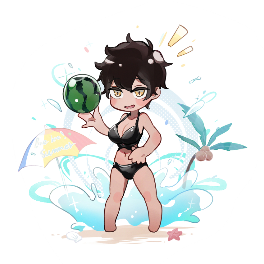 1girl barefoot beach_umbrella bikini black_bikini black_hair breasts cleavage coconut_tree deformed food fruit full_body hand_on_own_hip highres holding holding_food holding_fruit holding_watermelon kurobe_natsumi large_breasts mo0o0rae navel open_mouth palm_tree senpai_ga_uzai_kouhai_no_hanashi short_hair smile solo standing starfish swimsuit tree umbrella watermelon white_background yellow_eyes