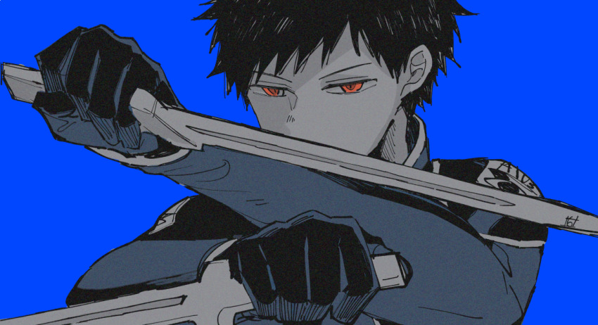 1boy blue_theme covered_mouth dual_wielding fighting_stance gloves hands_up holding kaburock2002 kazama_souya kazama_squad&#039;s_uniform long_sleeves looking_ahead male_focus monochrome orange_eyes reverse_grip short_hair short_sword simple_background solo spot_color sword weapon world_trigger