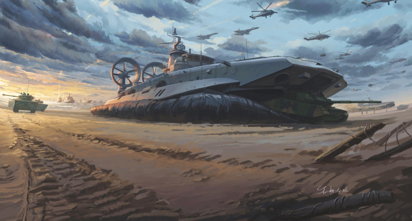 aircraft beach cloud destroyer harbin_z-20 helicopter highres hovercraft military_vehicle missile original people&#039;s_liberation_army people&#039;s_liberation_army_navy rocket ship shouhui_lang_qun signature su-15 warship watercraft z-18 zbd-05 ztz-96 zubr_(lcac)