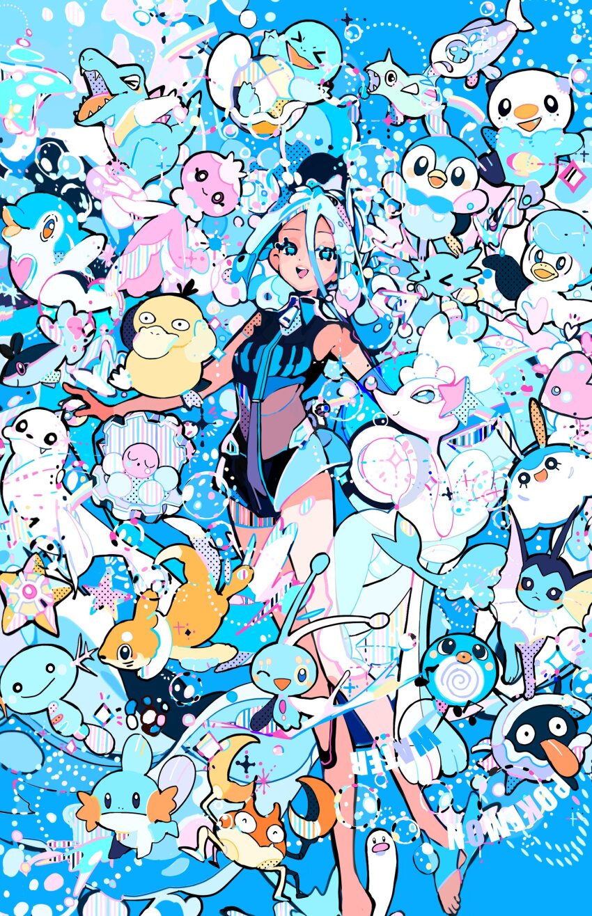 &gt;_&lt; 1girl :d absurdres air_bubble bare_arms bare_legs barefoot blue_eyes blue_hair bubble buizel clamperl closed_mouth commentary_request crab creatures_(company) dewgong english_text fang feet_out_of_frame finizen finneon fish frillish frillish_(female) full-length_zipper full_body game_freak gen_1_pokemon gen_2_pokemon gen_3_pokemon gen_4_pokemon gen_5_pokemon gen_7_pokemon hair_between_eyes hatsune_miku heart highres holding holding_poke_ball horsea krabby legendary_pokemon liquid_hair looking_at_viewer luvdisc manaphy mantyke mudkip musical_note mythical_pokemon n79oqc3yja6jlof nintendo one-piece_swimsuit one_eye_closed open_mouth oshawott piplup poke_ball pokemon pokemon_(creature) poliwag primarina project_voltage psyduck quaxly remoraid seahorse shellder smile solo squirtle star_(symbol) staryu swimsuit tan tanline tongue tongue_out totodile triangle_mouth vaporeon vocaloid water water_miku_(project_voltage) wiglett wishiwashi wishiwashi_(solo) wooper xd zipper zipper_pull_tab