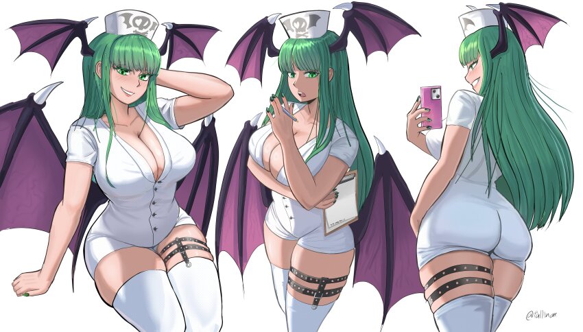 1girl absurdres alternate_costume ass blush breasts cellphone darkstalkers dress from_behind green_eyes green_hair hat head_wings highres large_breasts long_hair looking_at_viewer looking_back morrigan_aensland multiple_views nurse nurse_cap phone selfie short_dress sideboob smile solo tallinax thick_thighs thighhighs thighs very_long_hair wings