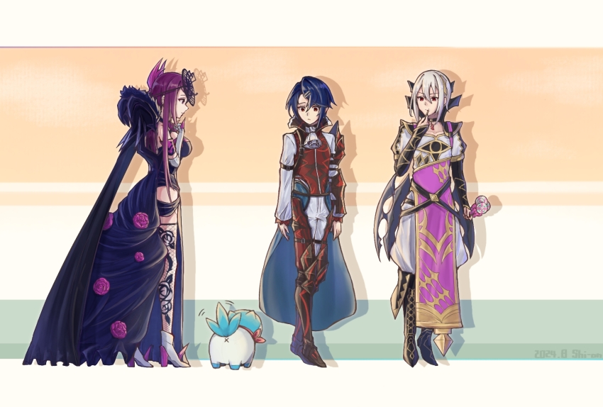 1girl 1other 2boys alcryst_(fire_emblem) aqua_fur blue_hair fascinator fire_emblem fire_emblem_engage fishnet_thighhighs fishnets highres ivy ivy_(fire_emblem) multiple_boys nintendo prince princess purple_eyes purple_hair rafal_(fire_emblem) see-through_clothes see-through_headwear shi-on sommie_(fire_emblem) spiked thighhighs thorn_print tri_tails two-tone_fur white_fur white_hair