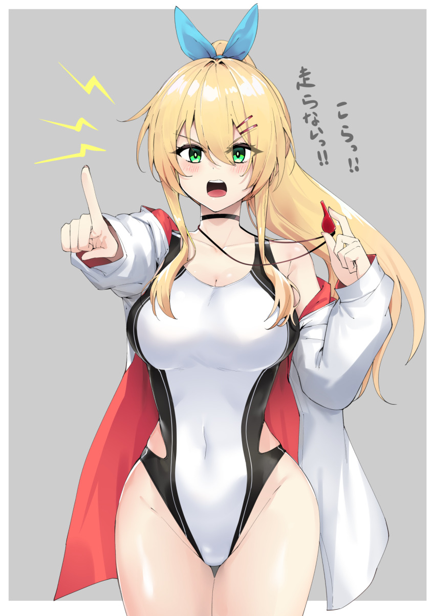 1girl black_choker blonde_hair breasts choker commentary_request competition_swimsuit green_eyes grey_background hair_ribbon highleg highleg_one-piece_swimsuit highres holding holding_whistle jacket jacket_over_swimsuit long_hair medium_breasts one-piece_swimsuit open_clothes open_jacket pointing ribbon simple_background solo swimsuit thigh_gap translated tsurumaki_maki two-tone_swimsuit voiceroid whistle whistle_around_neck white_jacket zooanime