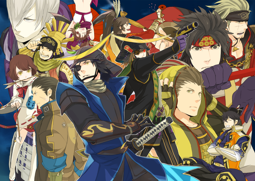 2girls 6+boys :d :q ^_^ aiming animal armor arrow_(projectile) arrow_in_mouth beard_stubble black_gloves black_headband blonde_hair blue_background brown_eyes brown_hair brown_jacket closed_eyes crossed_arms crossover date_masamune_(sengoku_basara) date_masamune_(sengoku_musou) eyepatch facial_hair fingerless_gloves frown gloves goatee grey_eyes grin gun hair_over_one_eye headband helmet highres holding holding_animal hood hood_up houjou_ujiyasu_(sengoku_musou) ishida_mitsunari_(sengoku_basara) jacket japanese_armor kabuto_(helmet) katakura_kojuurou_(sengoku_basara) kunoichi_(sengoku_musou) kzouzou long_hair looking_ahead looking_at_viewer maeda_keiji_(sengoku_basara) male_focus midriff mouri_motonari_(sengoku_musou) mouth_hold multiple_boys multiple_girls mustache_stubble one_eye_closed open_mouth parted_lips ponytail purple_gloves red_eyes red_headband sanada_yukimura_(sengoku_musou) scar scar_across_eye scar_on_face scar_on_nose sengoku_basara sengoku_musou short_hair smile stubble tokugawa_ieyasu_(sengoku_basara) tongue tongue_out toyotomi_hideyoshi_(sengoku_musou) tsuruhime_(sengoku_basara) weapon white_eyes white_hair yellow_eyes yumekichi