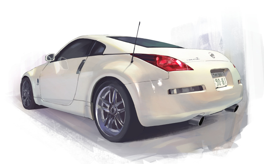 absurdres car from_side highres license_plate masa_(siriusu-koko) nissan nissan_350z nissan_fairlady_z original radio_antenna reflection shadow vehicle_focus white_background white_car