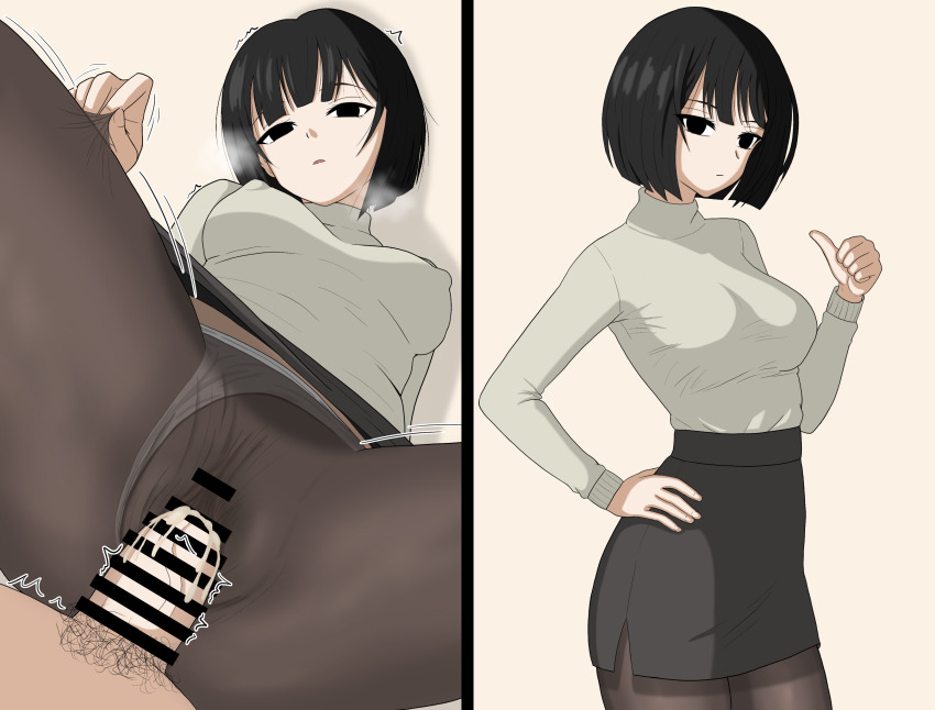 1boy 1girl absurdres andou_lemon black_hair black_pantyhose black_skirt breasts closed_mouth clothing_aside cum cum_in_pussy erect_niples erection highres large_breasts long_sleeves looking_at_viewer lying mayonaka_heart_tune motion_lines nionzore nipples no_pupils panties panties_aside pantyhose penis pussy serious sex shirt short_hair skirt torn_clothes torn_pantyhose underwear vaginal white_panties white_shirt