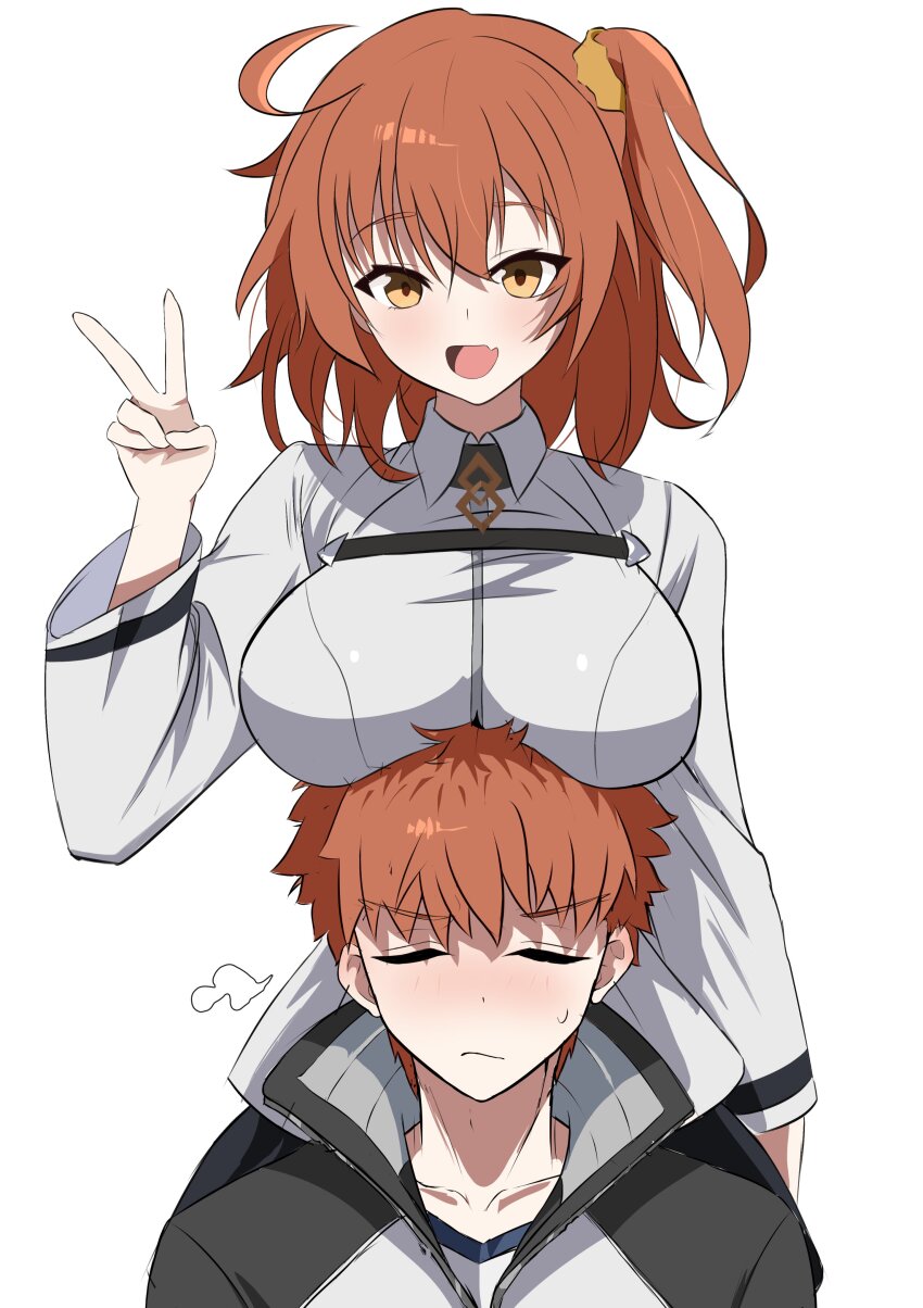 1boy 1girl absurdres between_breasts black_jacket breast_pillow breast_rest breasts chaldea_uniform cleavage emiya_shirou fate/grand_order fate/stay_night fate_(series) fujimaru_ritsuka_(female) hair_ornament hair_scrunchie head_between_breasts highres igote jacket large_breasts long_sleeves looking_at_viewer oc_x_canon one_side_up open_mouth orange_eyes orange_hair orange_scrunchie pantyhose raglan_sleeves red_hair resting scrunchie shokobr side_ponytail smile white_jacket yellow_scrunchie