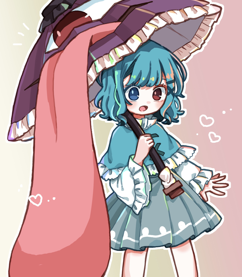 1girl absurdres blue_capelet blue_eyes blue_hair blue_skirt capelet commentary feet_out_of_frame gradient_background heart heterochromia highres holding holding_umbrella karakasa_obake long_sleeves open_mouth pleated_skirt purple_umbrella red_eyes salt_(seasoning) short_hair skirt solo symbol-only_commentary tatara_kogasa tongue touhou umbrella wild_and_horned_hermit