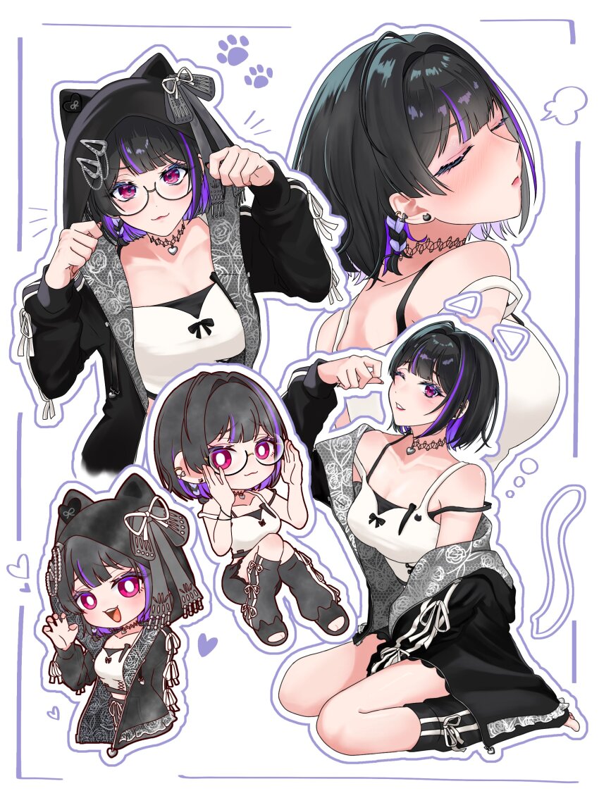 1girl :3 absurdres alternate_costume animal_ears animal_hood black_hair black_jacket blush breasts cat_ears cat_hood cleavage closed_eyes commentary earrings fake_animal_ears hands_up highres hood jacket jewelry large_breasts looking_at_viewer meloco_kyoran multicolored_hair multiple_views nijisanji nijisanji_en open_mouth puff_of_air purple_eyes purple_hair purple_streaks ringo_21_a shirt short_hair smile streaked_hair symbol-only_commentary virtual_youtuber white_background white_shirt