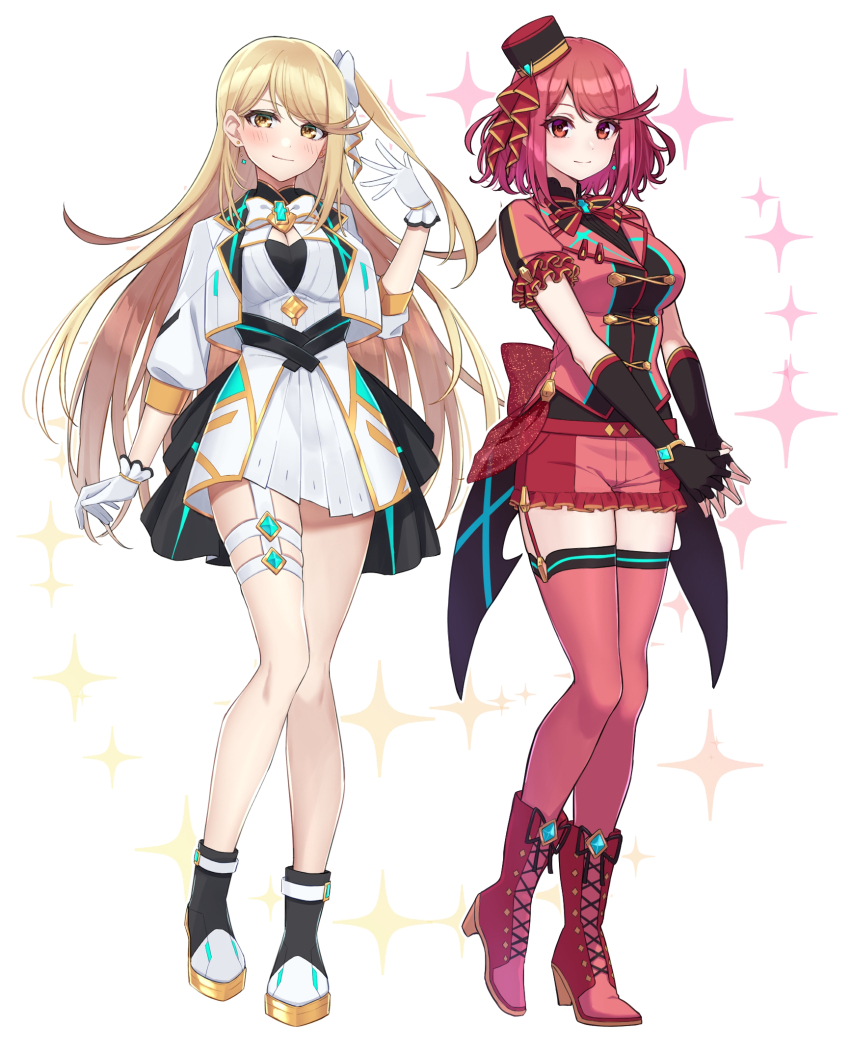 2girls alternate_costume alternate_hairstyle blonde_hair blush bow bowtie breasts cleavage commentary_request gloves highres large_breasts long_hair looking_at_viewer multiple_girls mythra_(xenoblade) pyra_(xenoblade) red_eyes red_hair shinae shoes short_hair shorts side_ponytail skirt smile swept_bangs thigh_strap thighs very_long_hair xenoblade_chronicles_(series) xenoblade_chronicles_2 yellow_eyes